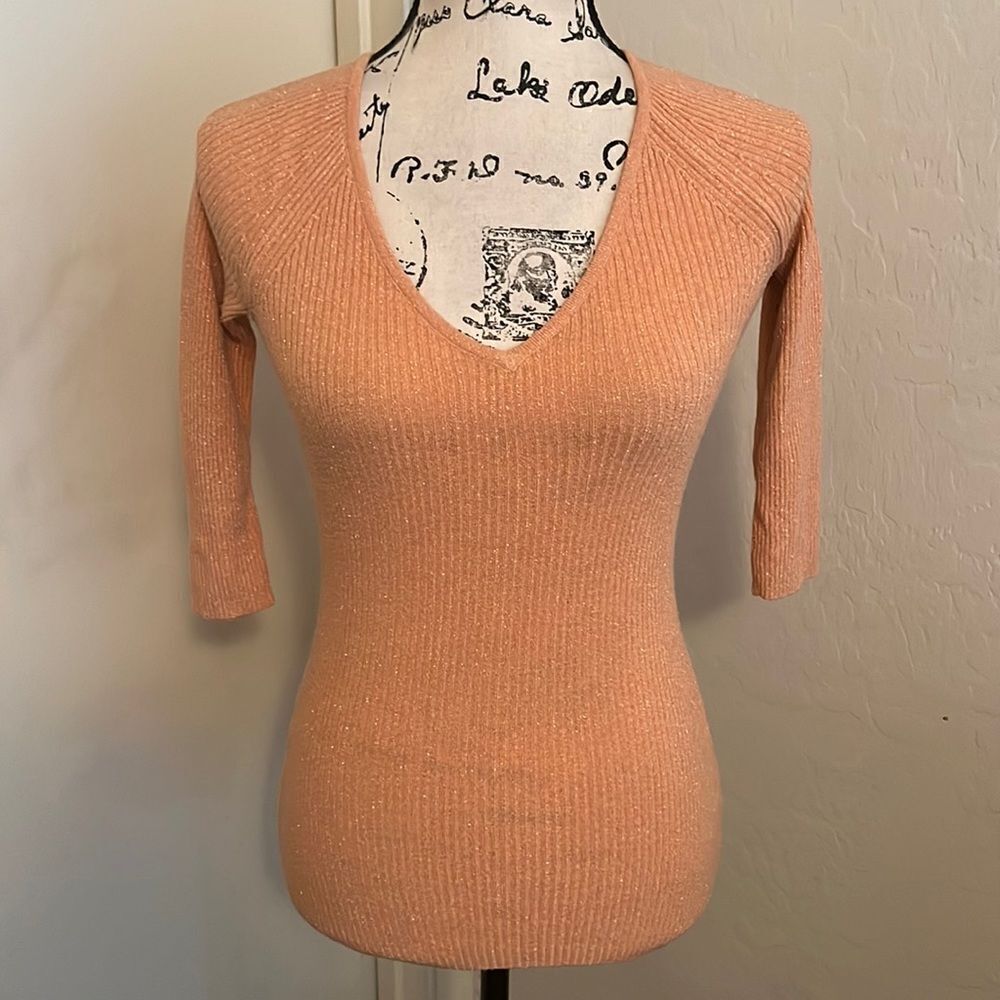 Y2K Bebe Orange Metallic V-Neck Top 2000’s Feminine Casual Fitted Boho
